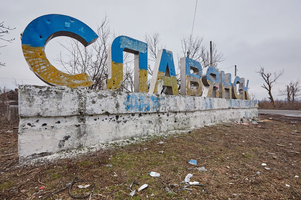 Entrance to the city of Sloviansk, Ukraine, riddled with bullet holes and shell. Photo: UNICEF Ukraine/Pavel Zmey