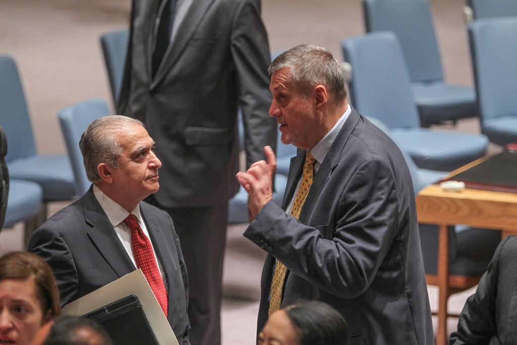 UN Special Representative for Iraq and Head of the UN Assistance Mission for the country (UNAMI), Ján Kubis (right), speaks with Ambassador Mohamed Ali Alhakim of Iraq prior to briefing the Security Council on the country's situation. UN Photo/Devra Berkowitz