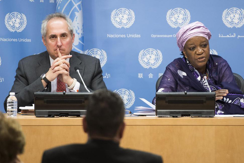 Special Representative of the Secretary-General on Sexual Violence in Conflict, Zainab Bangura briefs the press. At left is Stéphane Dujarric, spokesperson for the Secretary-General. UN Photo/Mark Garten