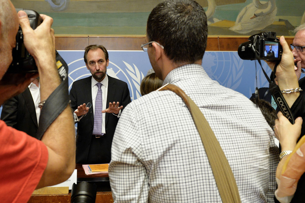 16 October 2014 - Not long after his appointment as UN High Commissioner for Human Rights, Zeid Ra’ad Al-Hussein addresses journalists in his first press conference in Geneva. UN Photo/Jean-Marc Ferré