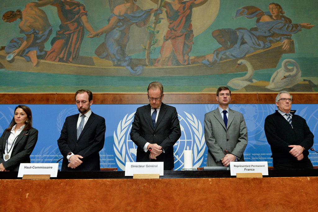 9 January 2015 – Zeid stands with other UN officials at the special ceremony to honour those killed in the 7 January terrorist attack. UN Photo/Jean-Marc Ferré