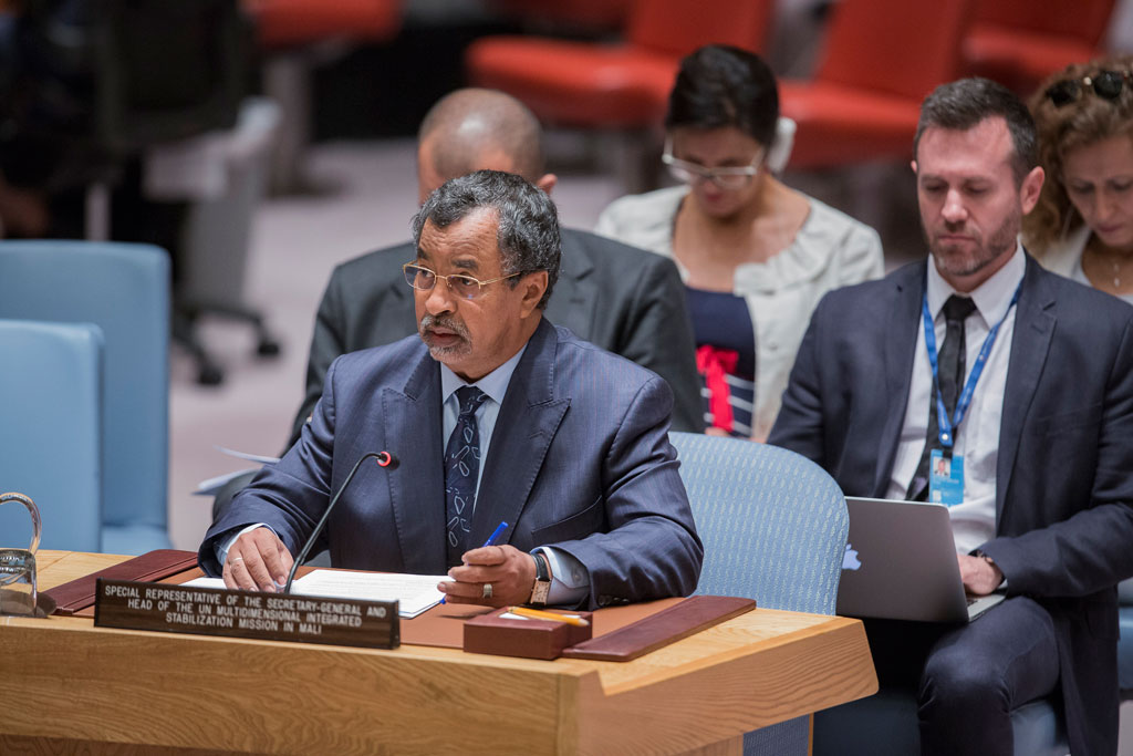 Mahamat Saleh Annadif, Special Representative of the Secretary-General of the United Nations for Mali and Head of the United Nations Multidimensional Integrated Stabilization Mission in Mali (MINUSMA), briefs the Security Council. UN Photo/Manuel Elias