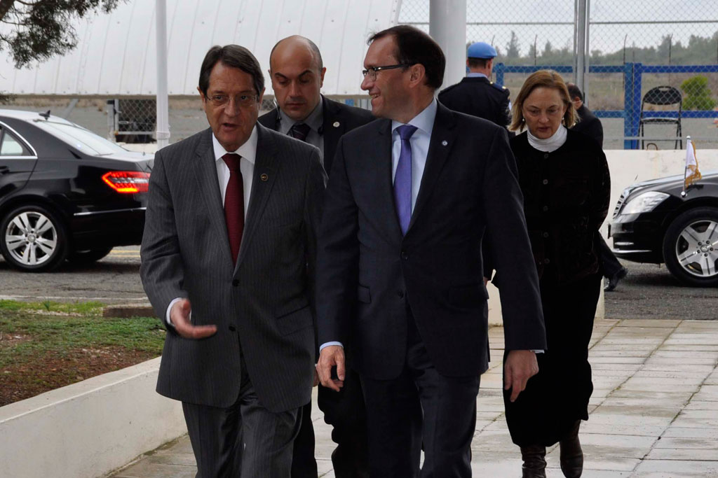 Greek Cypriot leader Mr. Nicos Anastasiades arrives at the UN's Good Offices in Nicosia on 7 January ahead of the first leaders' meeting of 2016 under the auspices of the Special Adviser of the UN Secretary-General on Cyprus, Mr. Espen Barth Eide. Mr. Anastasiades won a solid mandate in the 2013 election, on a pro-settlement card, arguing that he would use his leadership post to try to arrive at a settlement to the protracted Cypriot dispute. The UN Special Adviser regards that stance as crucial.  Photo: UNFICYP/Robert Szakszon