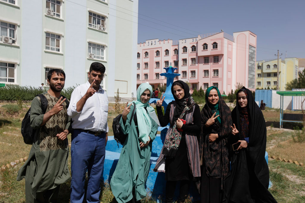 Herat University Peace Club, anchored by Arman Qaderi (left) and Professor Nasir Rahimi (second on left) and Fardina Salehi (4th from left.) Photo: Fraidoon Poya