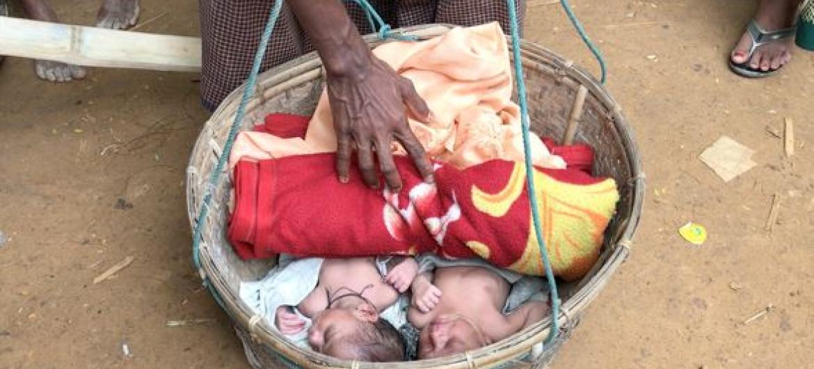 Newborn twin babies at Myanmar Refugee Camp in Bangladesh, born to their mother nine days ago after she fled her home in Myanmar.