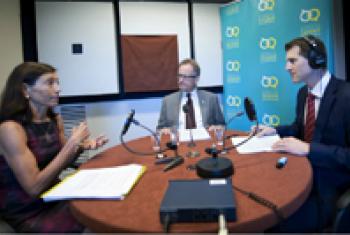 Pamela Hamamoto with Michael Møller (centre) and Daniel Johnson in the UN Radio studio.