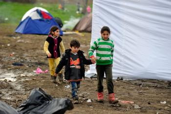Refugee children on the border of the former Yugoslav Republic of Macedonia and Serbia.