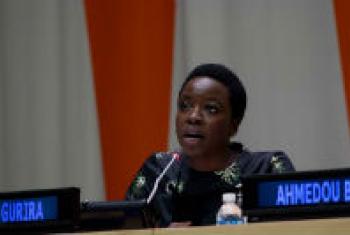 Danai Gurira speaking at an event on the International Day for the Elimination of SVC.