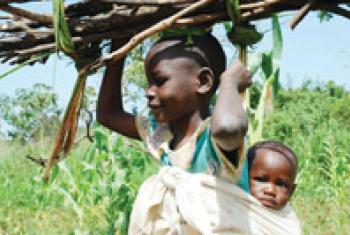 A young girl carries her sibling on her back and firewood on the head.