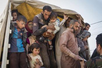 Internally displaced persons flee to Debaga camp in Erbil Governorate, northern Iraq, as Mosul assault begins.