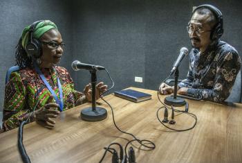 Isha Dyfan, UNAMID Human Rights Section Chief, speaking with Setyo Budi in UNAMID Radio studio in El Fasher, Darfur.