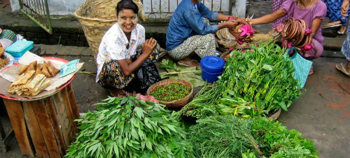 Mulheres vendendo vegetais em mercardo de Pyapon, Mianmar. Foto: Banco Mundial/Markus Kostner