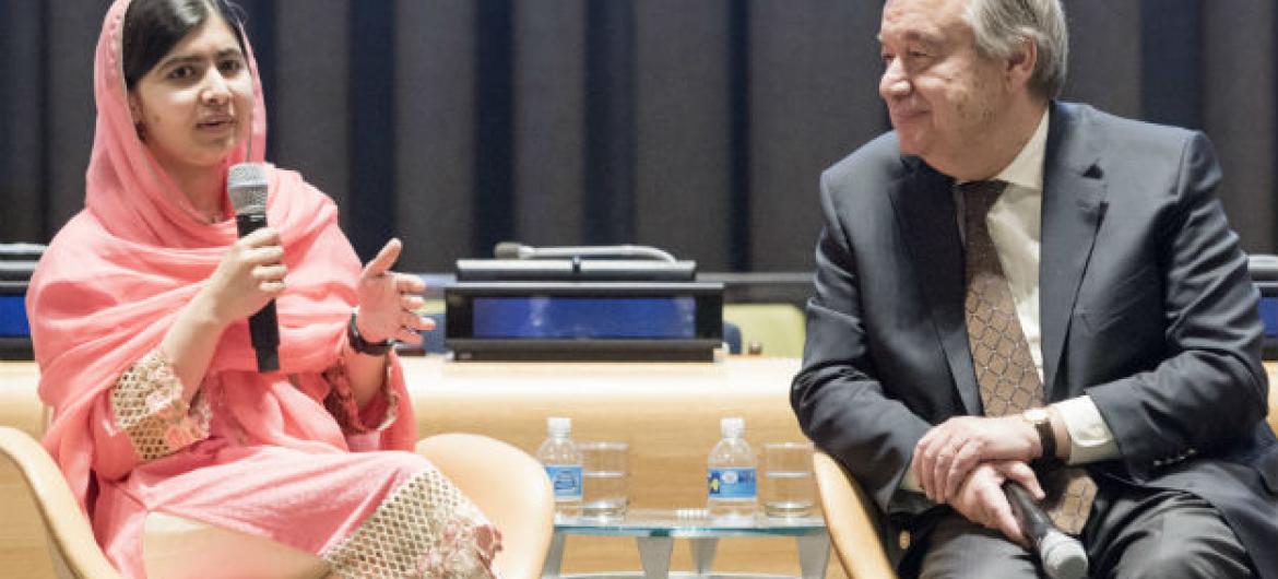 Malala Yousafzai e António Guterres. Foto: ONU/Rick Bajornas