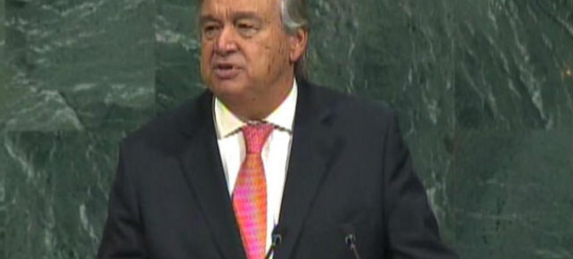 Secretário-geral da ONU, António Guterres, em discurso na Assembleia Geral das Nações Unidas. Imagem: Reprodução vídeo