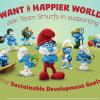 Imagem da campanha dos Smurfs e da ONU, promovendo os Objetivos de Desenvolvimento Sustentável.