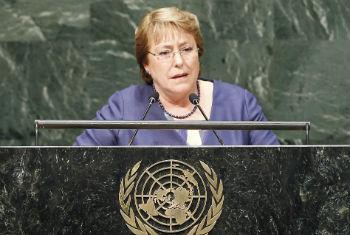 Michelle Bachelet em discursa na Assembleia Geral de 2014. Foto: ONU/Kim Haughton