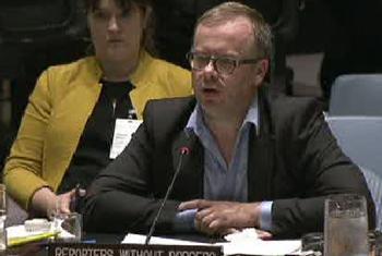 Diretor-geral da ONG Repórteres sem Fronteiras, Christophe Deloire, durante sua fala no Conselho de Segurança. Imagem UNTV.
