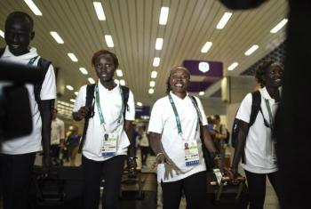 Atletas refugiados do Sudão do Sul chegam ao Rio de Janeiro. Foto: Acnur/ Benjamin Loyseau