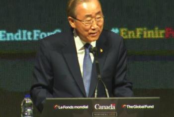 Secretário-geral da ONU, Ban Ki-moon, discursa em evento do Fundo Global em Montreal, Canadá. ONU/Imagem de vídeo.