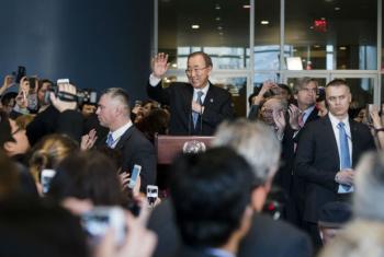 Ban Ki-moon durante a despedida com funcionários da ONU. Foto: ONU/Amanda Voisard
