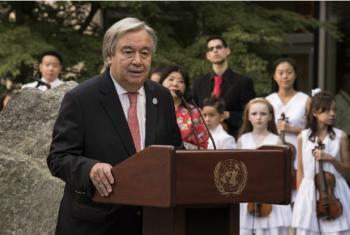 Secretário-geral da ONU, António Guterres, em cerimônia sobre o Dia Internacional da Paz na sede da ONU, em Nova Iorque. Foto: ONU/ /Kim Haughton